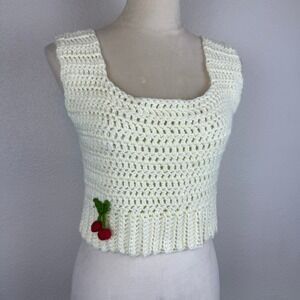 Cream Crochet‎ Crop Top Cherries Pom Square Neck Sleeveless Women's Cute Cottage